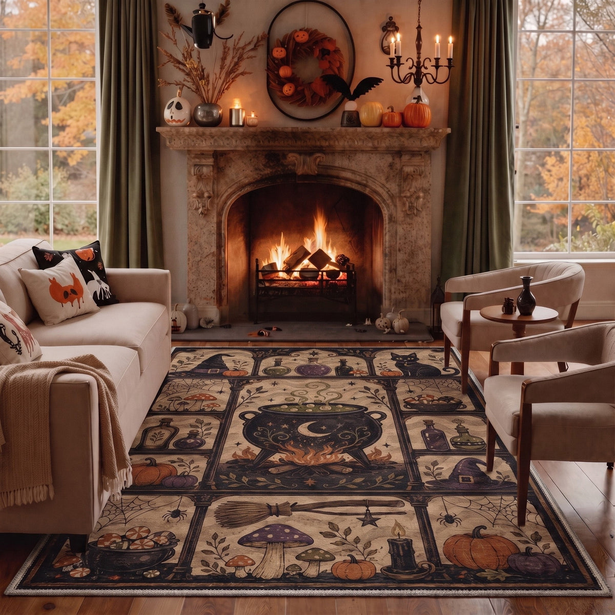 GENIMO 2'x7' Halloween Runner Rug, Washable Non Slip Soft Farmhouse Pumpkin Indoor Outdoor Hallway Runner for Porch Patio Kitchen Entryway, Vintage Sepia