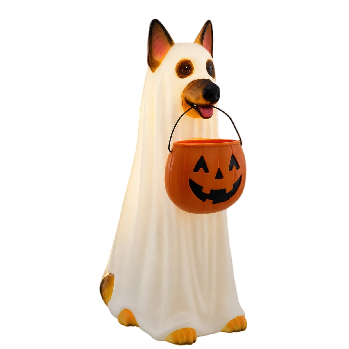 LED German Shepherd Blow Molded Halloween Statue, Light Up Ghost Dog Figure with Pumpkin Candy Bucket, Glowing German Shepherd Halloween Decoration for Outdoor Porch Yard Fall Spooky Season Home