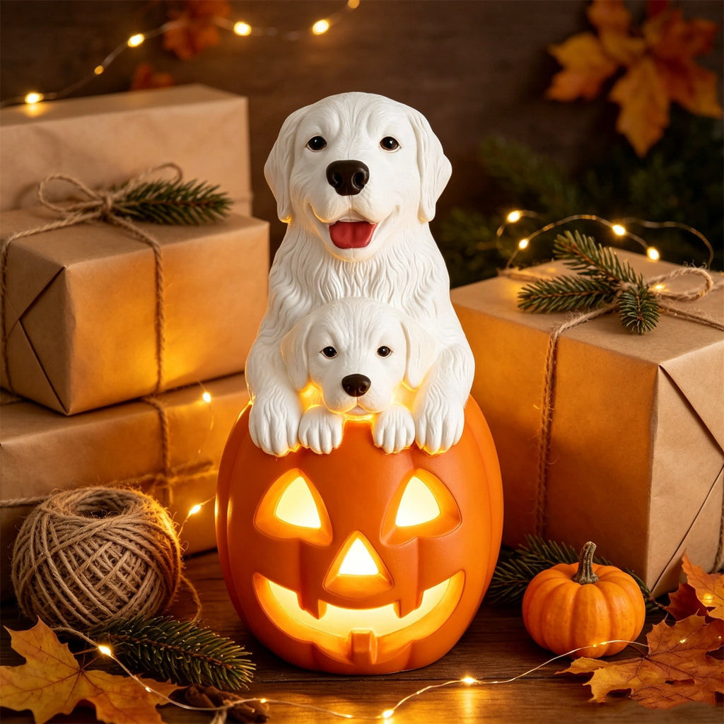 Lighted Scarecrow Bull Terrier Halloween Blow Mold, Cute Puppy Pumpkin Hat Halloween Decor, Resin Ornament for Patio Yard Tabletop Home Decoration, 8"