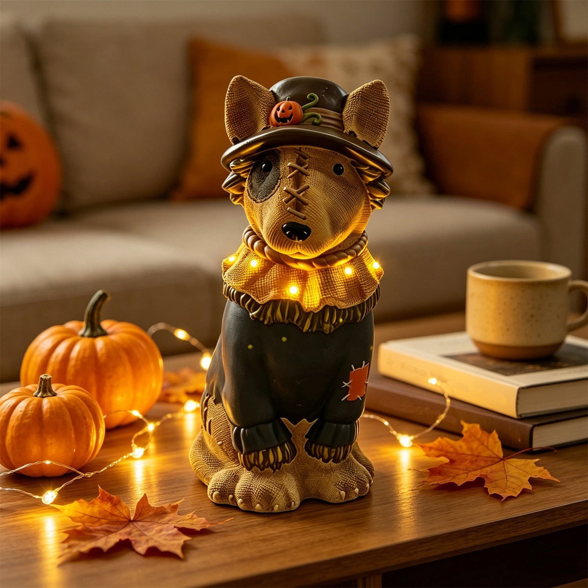 Lighted Scarecrow Bull Terrier Halloween Blow Mold, Cute Puppy Pumpkin Hat Halloween Decor, Resin Ornament for Patio Yard Tabletop Home Decoration, 8"