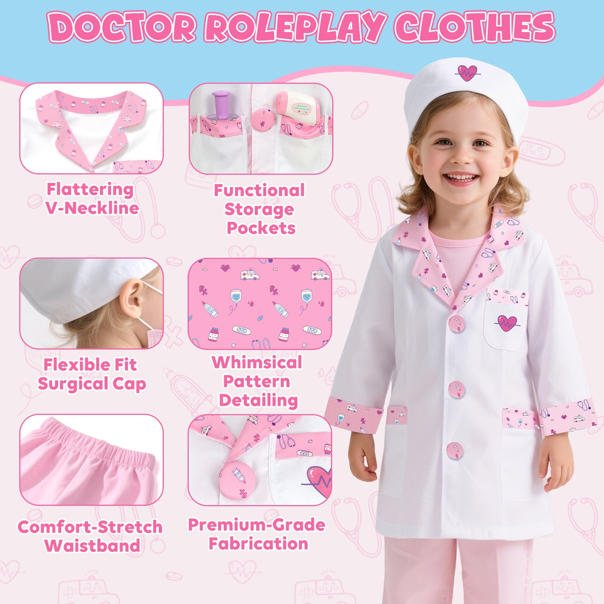 Doctor Costume Set for Kids, Pretend Play Doctor Dress up Clothes with Medical Accessories, Kids Doctor Costume Set Toy for Age 3 4 5 6 Boys Girls - Pink(110cm*3.6in)
