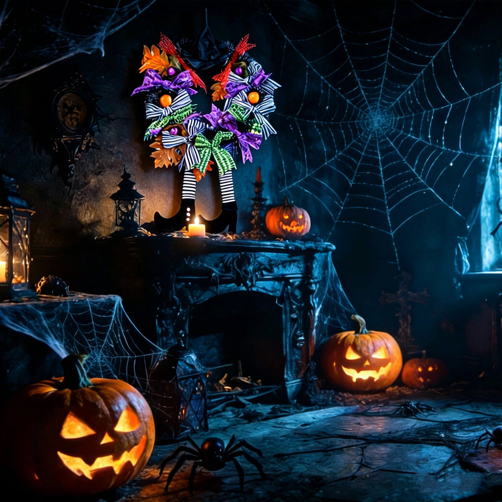 AGCAN 27 Inch Halloween Wreaths for Front Door, Unlit Halloween Wreaths with Witch Hat & Legs, Halloween Decorations for Home, Porch, Window, Indoor, Wall Decor