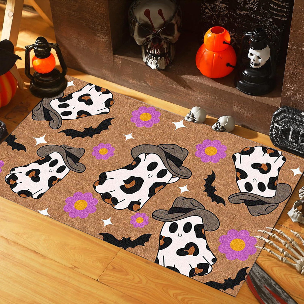 Holloyiver Halloween Fall Doormat, Cowboys Ghost Non Slip Outdoor Mat, Halloween Decorative Floor Mats, Welcome Ghost Coir Doormats Front Porch Rugs for Indoor Layering Entryway Decor