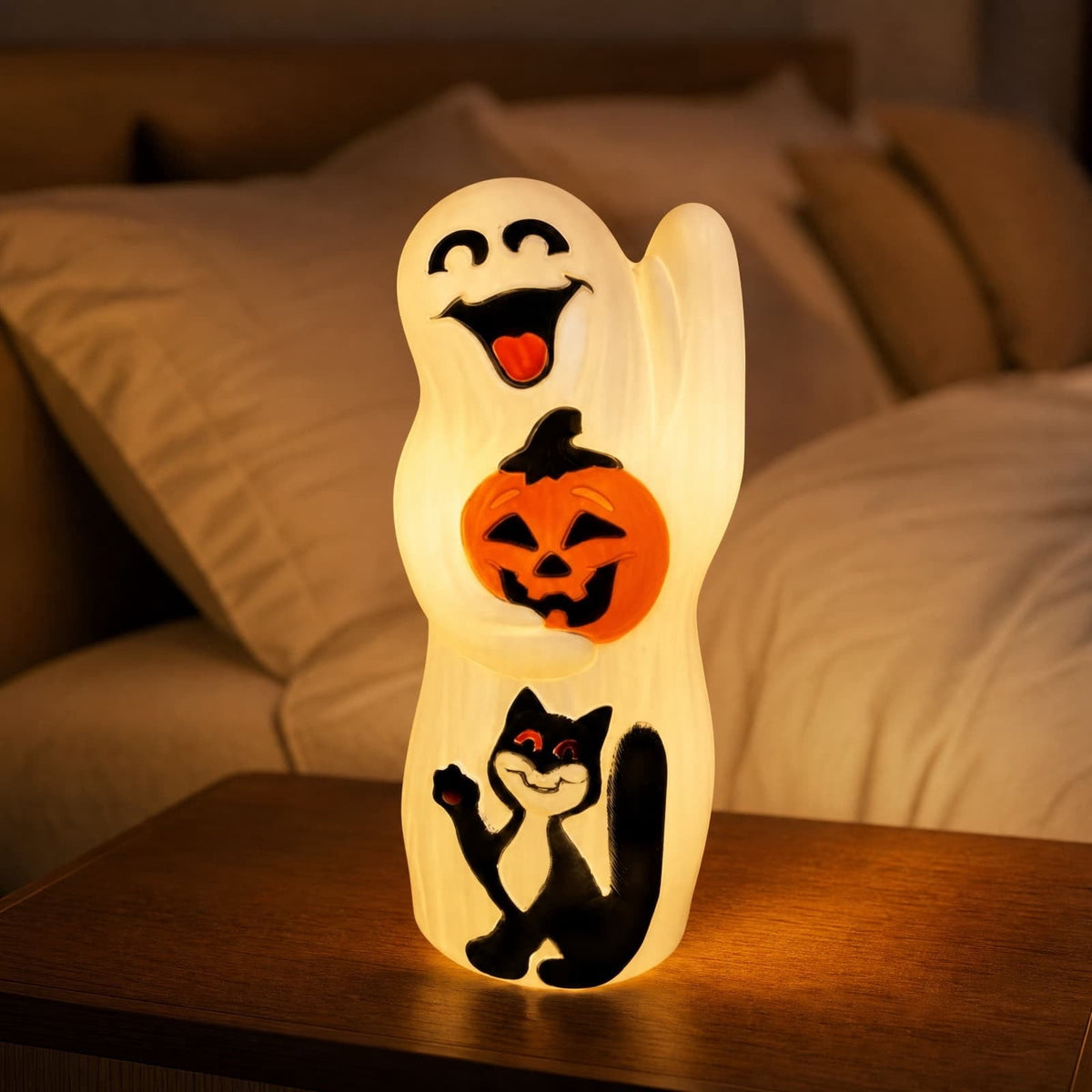 Halloween Lighted Vintage Patchwork Ghost, Blow Mold Ghost with Black Cat and Pumpkin LED Lamp, Festival Tabletop Decoration, Fall Home Decor and Table Ornament