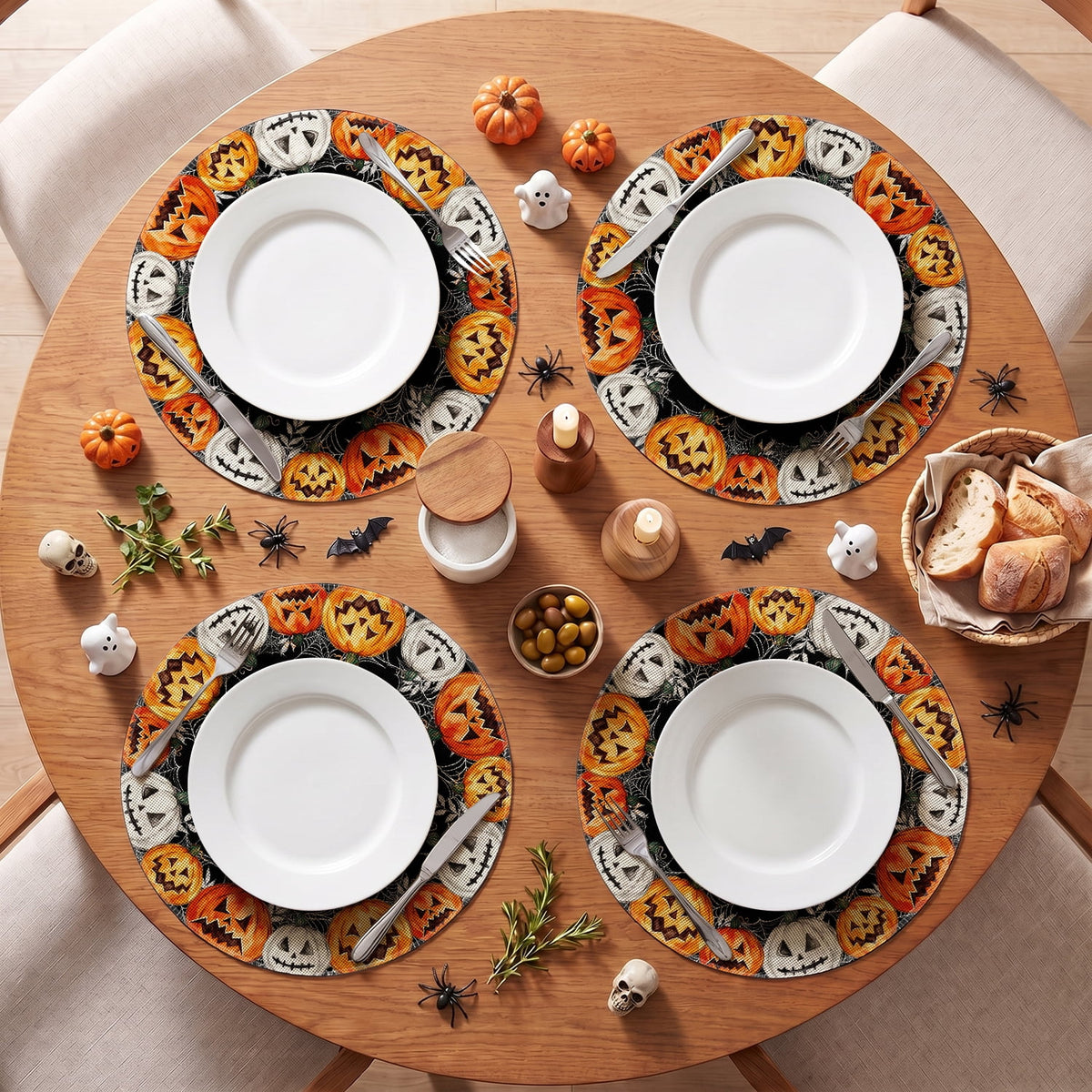 Smile Jack-O'-Lantern Spider Web Halloween Table Placemats Set of 4 Round 15 Inch Black
