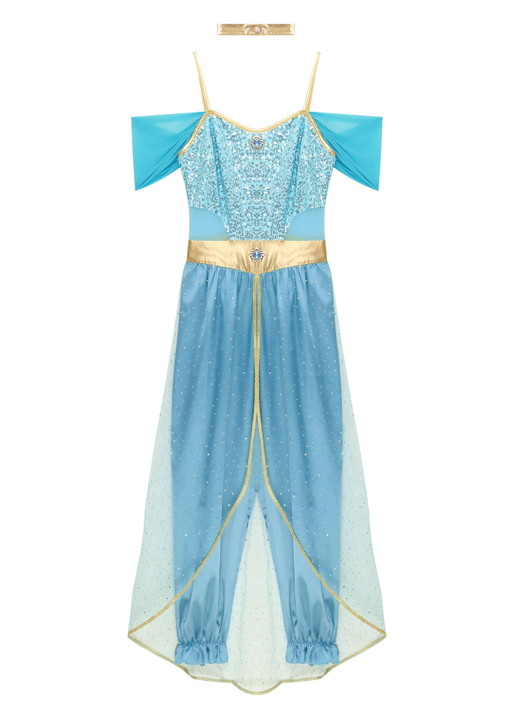 YiZYiF Women's Arabian Princess Dance Costume Halloween Party Fancy Dress Shiny Belly Dance Jumpsuit Turquoise B M