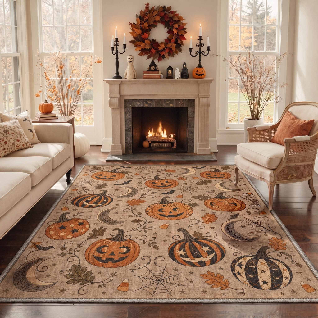 GENIMO 2'x7' Halloween Runner Rug, Washable Non Slip Soft Farmhouse Pumpkin Indoor Outdoor Hallway Runner for Porch Patio Kitchen Entryway, Vintage Sepia