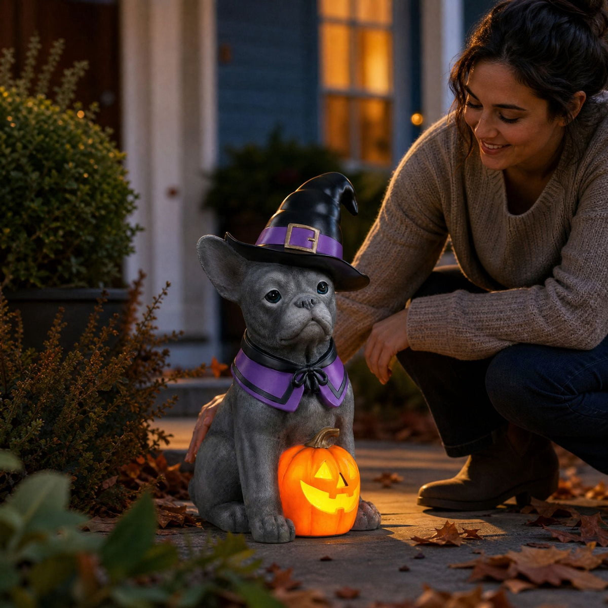 Halloween Dog Greeter - Frenchie 7.9in Resin Witch Dog with Light-Up Pumpkin, Spooky Fall Decor, Indoor Outdoor Tabletop Decoration