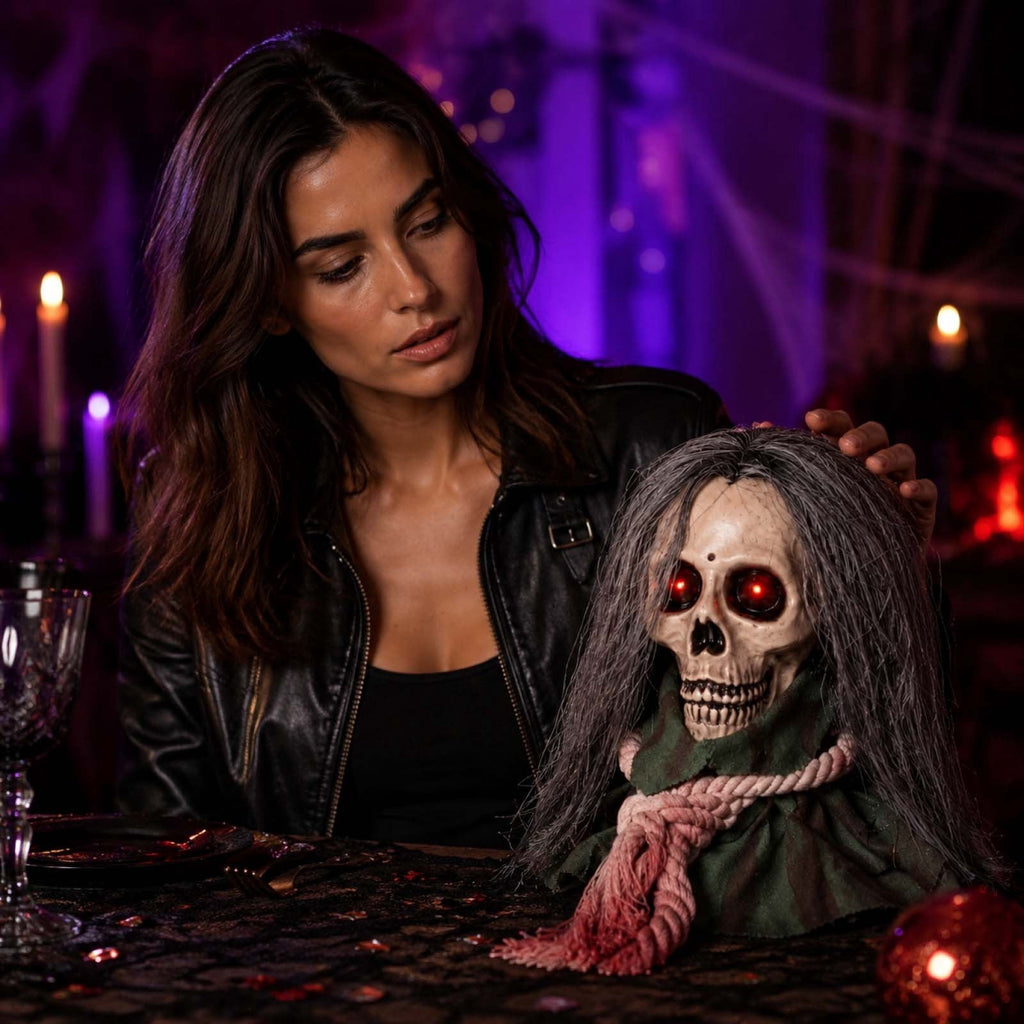 Moving Long Hair Hanging Skull Head Prop, Creepy Animated Halloween Skeleton Decor, Spooky Ornament for House, Party, Indoor Outdoor (Batteries Not Included)