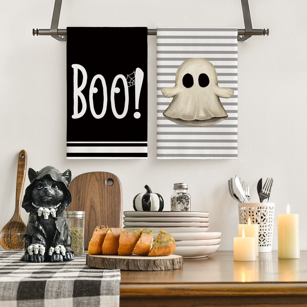 Sm:)e Spooky Pumpkin Ghost Boo Bat Halloween Kitchen Dish Towels 2 Set 18 x 26 inch