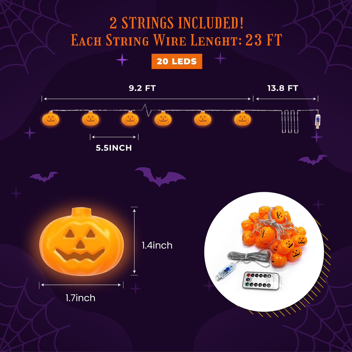 2 Pack - Halloween String Lights (40 Bulbs), LED Pumpkin Jack-O-Lantern Indoor Decoration, Orange Holiday Bulbs for Outdoor Décor, 8 Modes Lights (2*20 Pumpkin Lights, 23 feet, each)