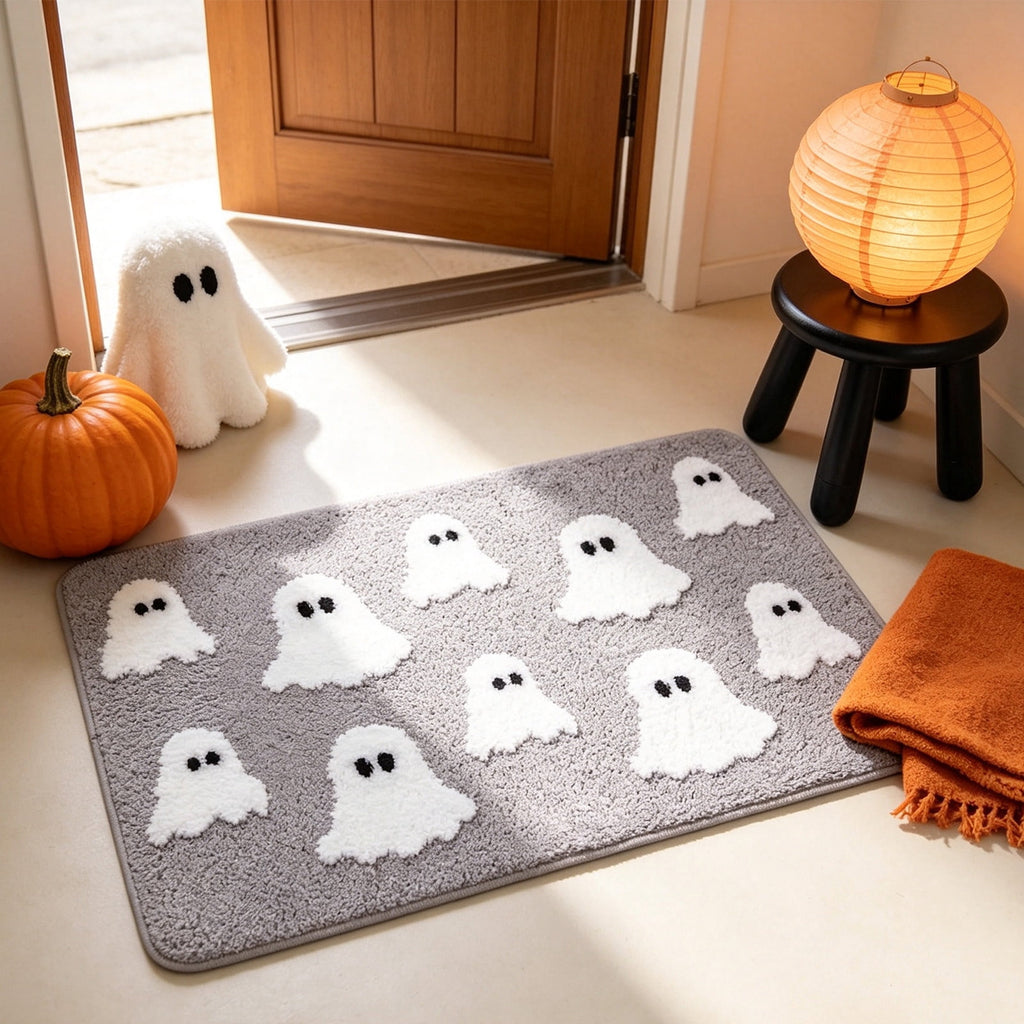 Halloween Doormat Ghost Bath Mat 23.6x15.7in Secure-Grip Absorbent Soft Faux Fur Rug for Bathroom Bedroom Living Room Decor by OVFUIZ