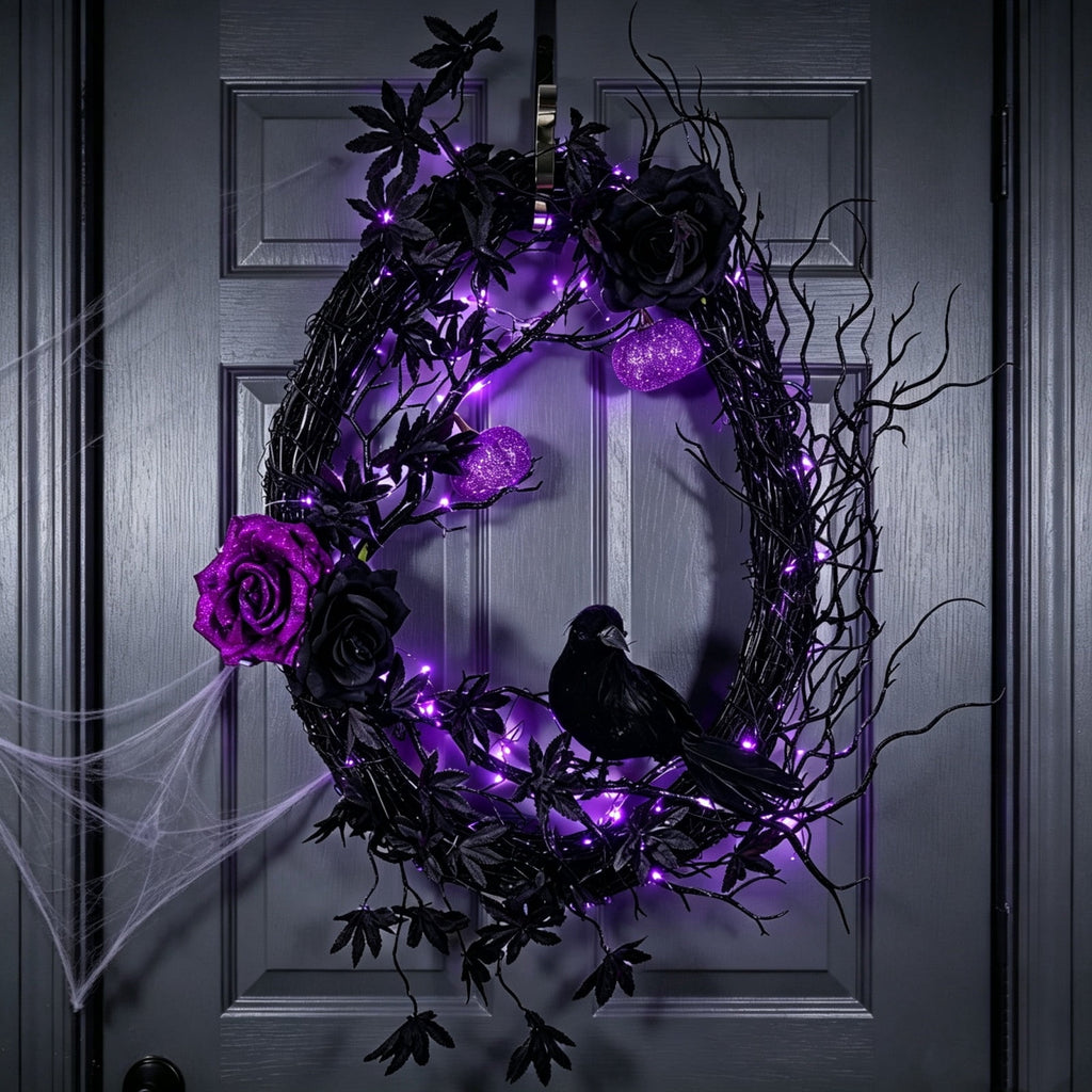 Gcvizuso Halloween Wreath with LED Light String, Purple Rose Black Crow Oval Spooky Twig Wreath for Front Door Window Fireplace Decor