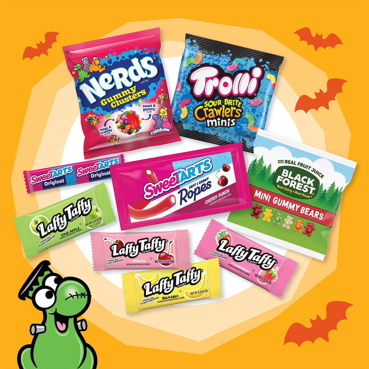 Nerds Fruity Chewy Halloween Trick-or-Treat Variety Bag, NERDS Gummy Clusters, SweeTARTS, Trolli, Laffy Taffy, and Black Forest, 55 Pieces, 18.42 Ounces