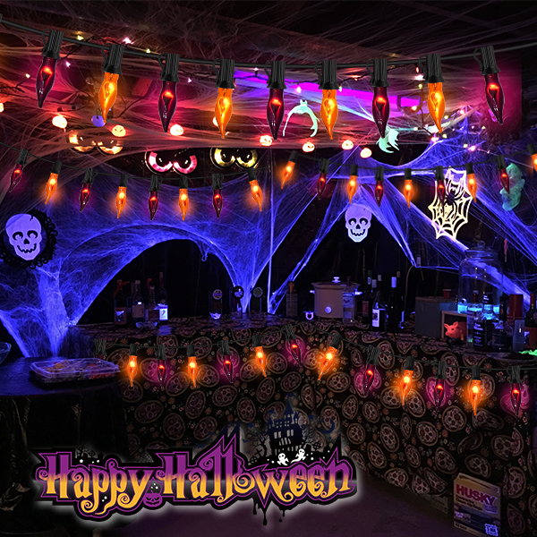 Halloween Lights Flickering Flame String Lights with 12 Pack C7 Orange Flame Light Bulbs (2 Spare), 12.8Ft Orange Flame String Lights for Indoor Outdoor Home Party Yard Halloween Decorations