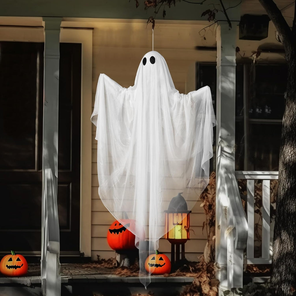 Ayieyill Halloween Ghost Decor with Warm White LED Light, 47” Light up Hanging Ghost Halloween Yard Porch Decorations Outdoor