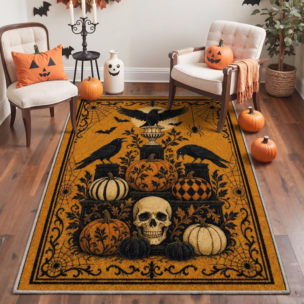 GENIMO 2'x7' Halloween Runner Rug, Washable Non Slip Soft Gothic Raven Indoor Outdoor Hallway Runner for Porch Patio Kitchen Entryway, Rust Orange