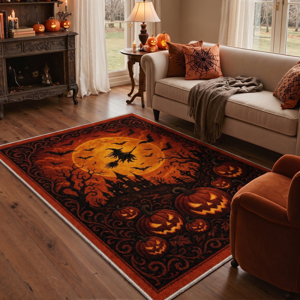 GENIMO 2'x7' Halloween Runner Rug, Washable Non Slip Soft Gothic Raven Indoor Outdoor Hallway Runner for Porch Patio Kitchen Entryway, Rust Orange