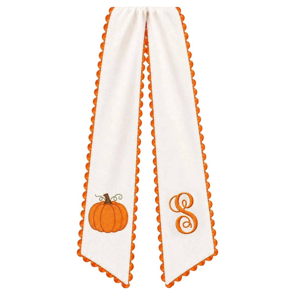 Pumpkin Embroidered Wreath Sash, 50 x 5 inch Orange Scalloped Lettered Ribbon for Halloween, Thanksgiving, Front Door, Seasonal Garland and Fall Home Decor, W