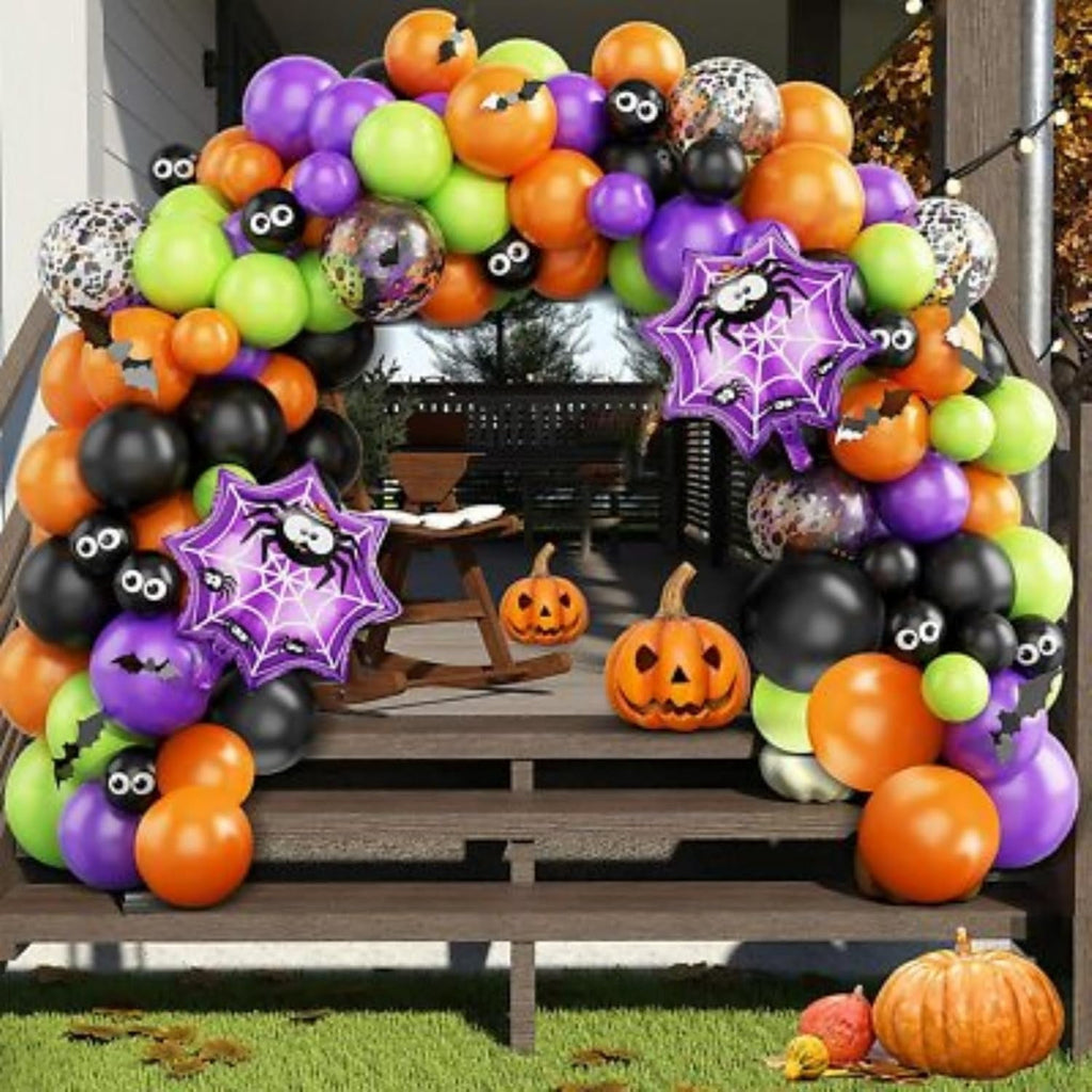 Halloween Balloons Set, 65Pcs 12Inch Black Orange Purple Green Balloons Kit, Black and Orange Latex Balloons for Birthday Wedding Halloween Party Decorations