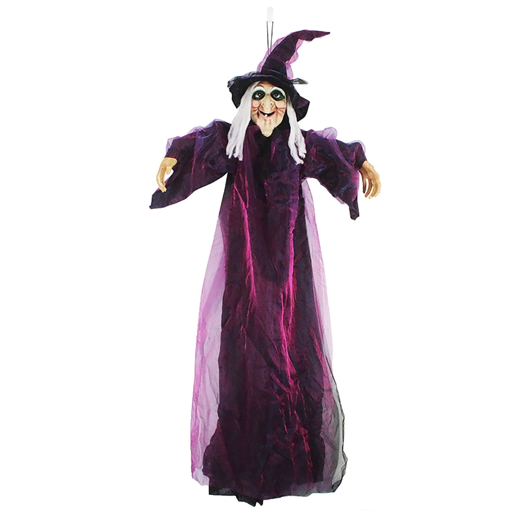 Halloween Animatronics Witch Decorations, 6 FT Hanging Witch Halloween Decor, Giant Animated Standing Talking Witch with Red Eyes, Flying Witch Standing Decor for Scary Decors Prop