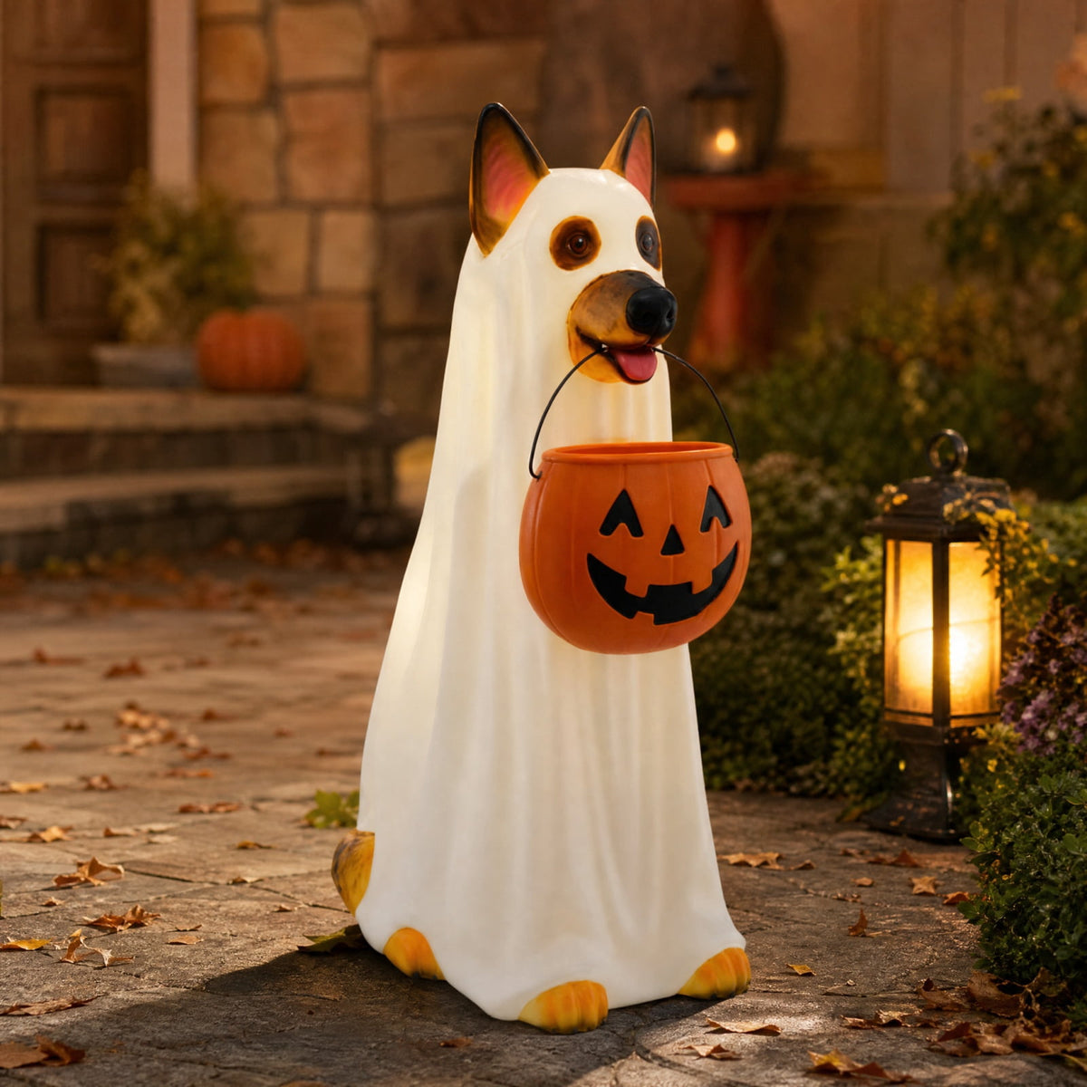 Halloween Dog Greeter - Frenchie 7.9in Resin Witch Dog with Light-Up Pumpkin, Spooky Fall Decor, Indoor Outdoor Tabletop Decoration