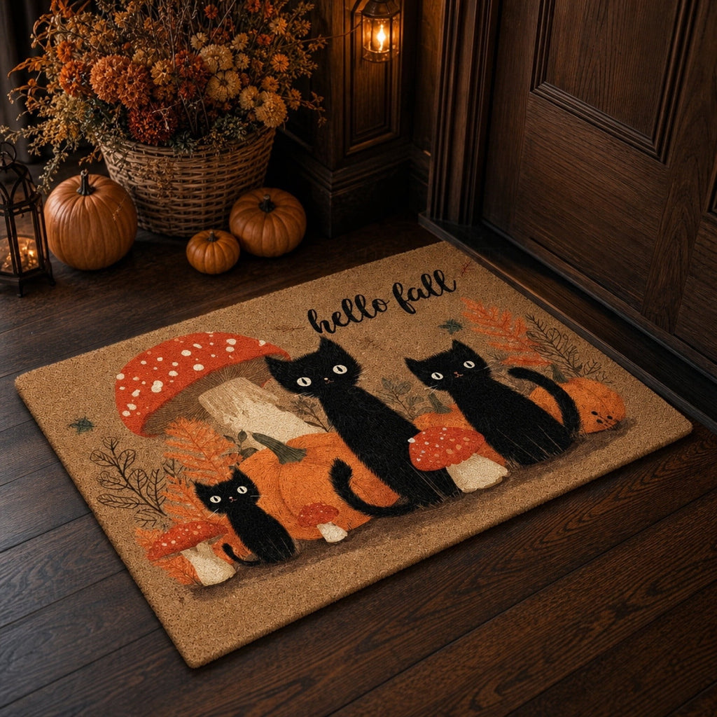 Halloween Black Cat Doormat, 23.6x15.7 Inch Spooky Pumpkin Floor Rug, Non-Slip Seasonal Entryway Mat for Front Door Porch & Indoor Decor