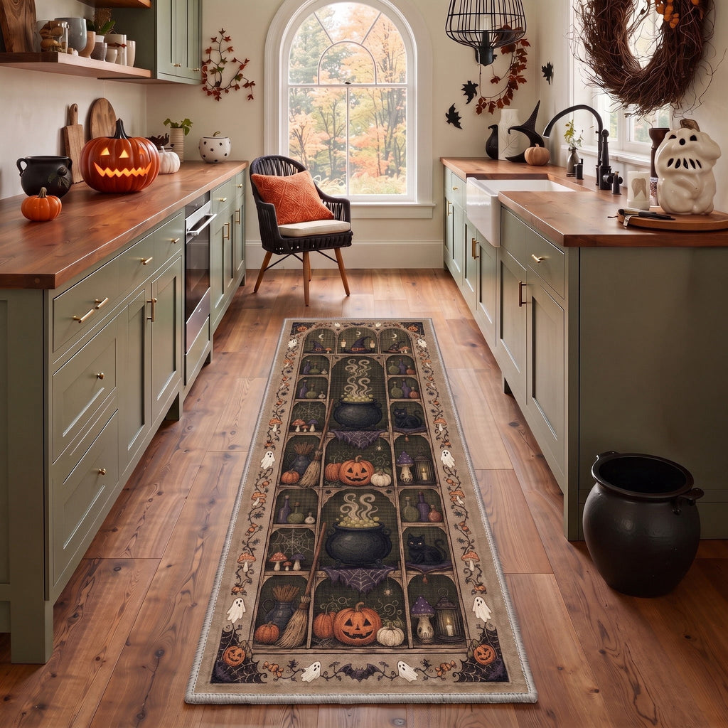 GENIMO 2'x7' Halloween Runner Rug, Washable Non Slip Soft Farmhouse Pumpkin Indoor Outdoor Hallway Runner for Porch Patio Kitchen Entryway, Vintage Sepia