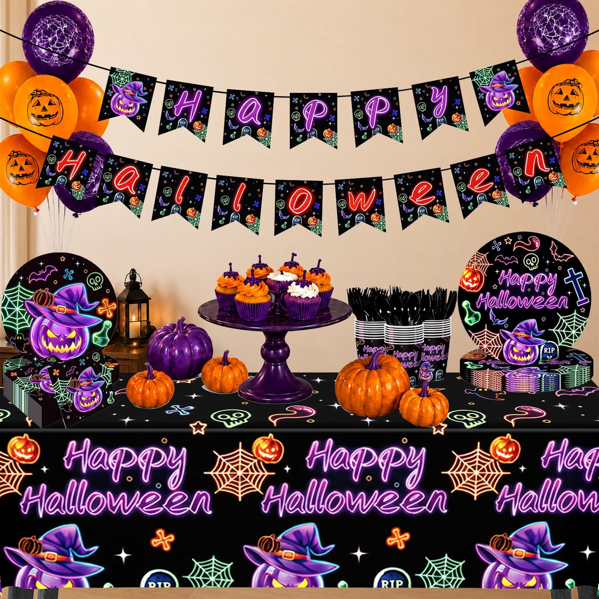 Wowhub Boo Ghost Pumpkin Halloween Tableware Set Serves 24, Halloween Plates and Napkins, Disposable Summerween Party Supplies with Cups, Cutlery & Tablecloth for Halloween Birthday Decorations