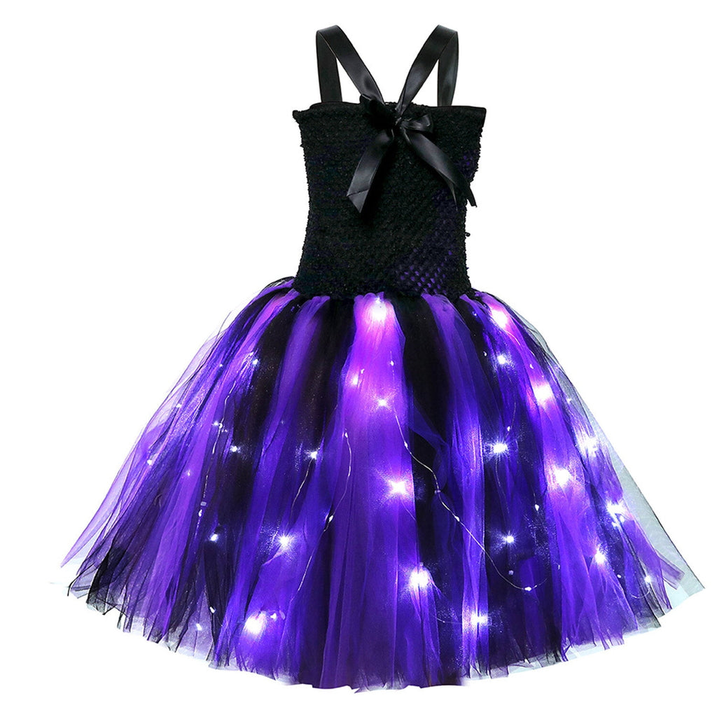 HAWEE Light up Witch Dress Halloween Girls Purple Witch Costume Party Fancy Dress with Hat and Broom