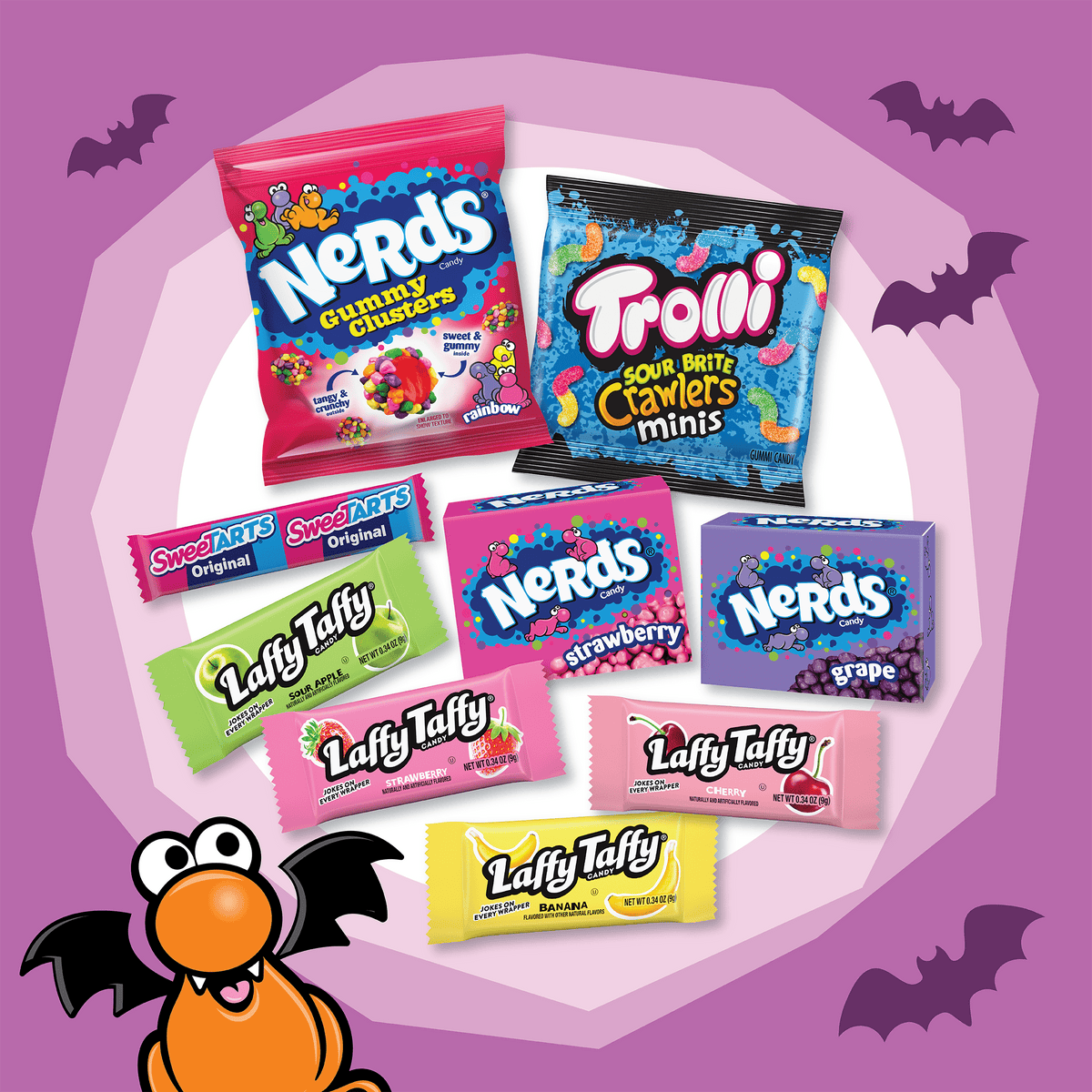 Nerds Core Winners Halloween Trick-or-Treat Variety Bag, NERDS Gummy Clusters, SweeTARTS, Trolli, Laffy Taffy, and NERDS Original, 30 Pieces, 10.64 Ounces