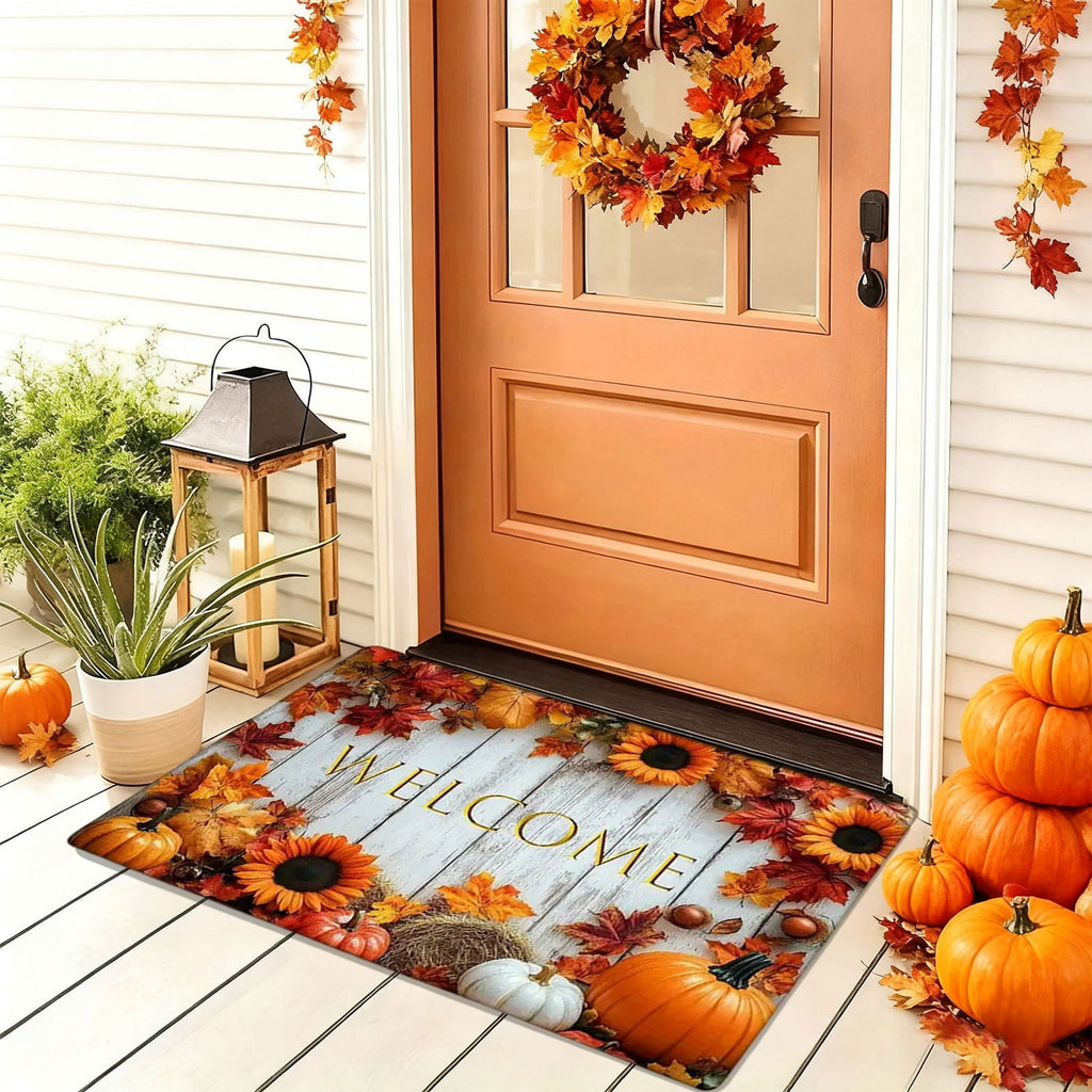 Fall Welcome Maple Leaves Decorative Doormat,Fall Pumpkins Maple Leafs Door mat Indoor Outdoor Entrance Floor Mat Non Slip Autumn Entry Mat for Thanksgiving Porch Front Door Decor 23.62*15.75in（A）