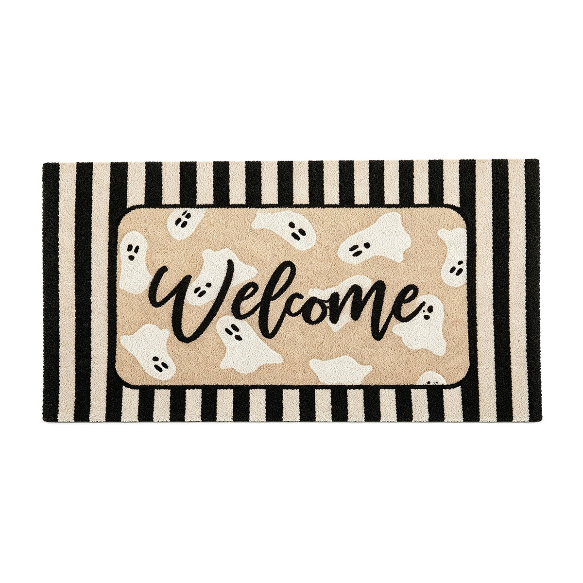QuanTara Halloween Ghost Welcome Doormat, 31.5" x 15.75" Non-Slip Entryway Rug, Cute Spooky Ghost Print with Striped Border, Soft Faux Velvet Front Door Mat for Fall Home Decor, Porch & Indoor Use