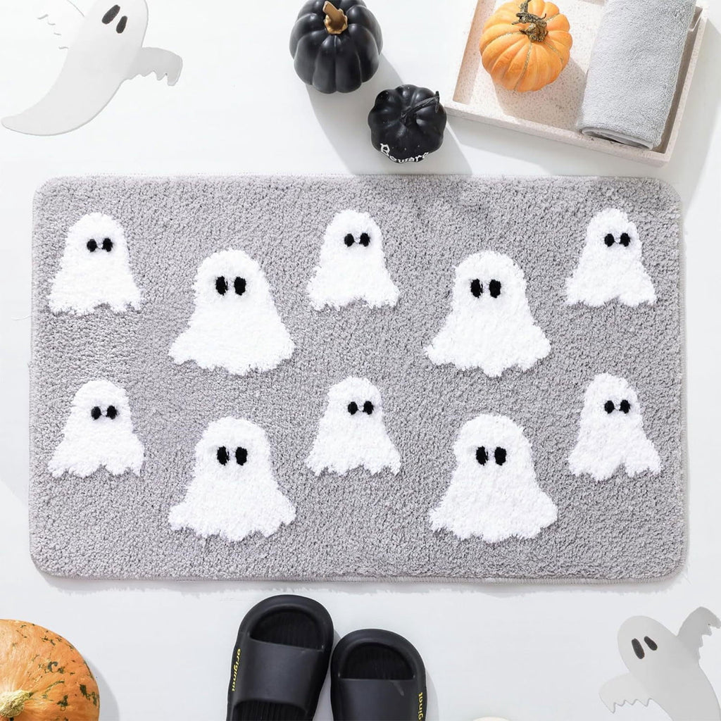 HHBEAUTY Halloween Ghost Welcome Doormat, Halloween Door Mat Outdoor Gray Ghost Witchy Doormat Halloween Welcome Mats for Front Kitchen Mat Outdoor Indoor Non-Slip Doormat
