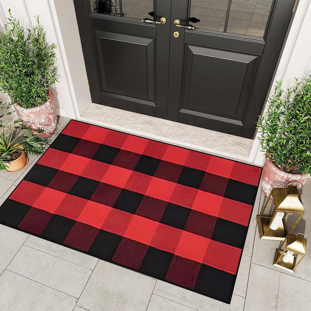 Guozer Fall Outdoor Rug Orange Plaid Outdoor Rug Cotton Hand-Woven Check Rug Layered Doormats For Front Door/Front Porch/Farmhouses/Entryway/Patio 23.6''x 35.4''