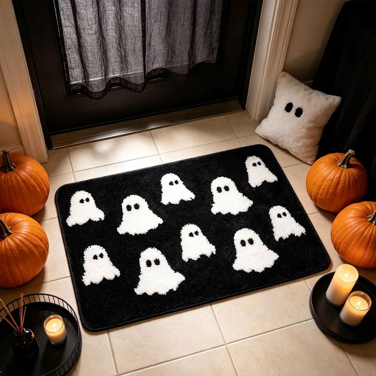Halloween Ghost Door Mat, Cute Welcome Mat for Front Door Porch Entryway Haunted Outdoor Decor Spooky Decorative Entrance Doormat Non Slip Halloween Rug, 16" x 24"