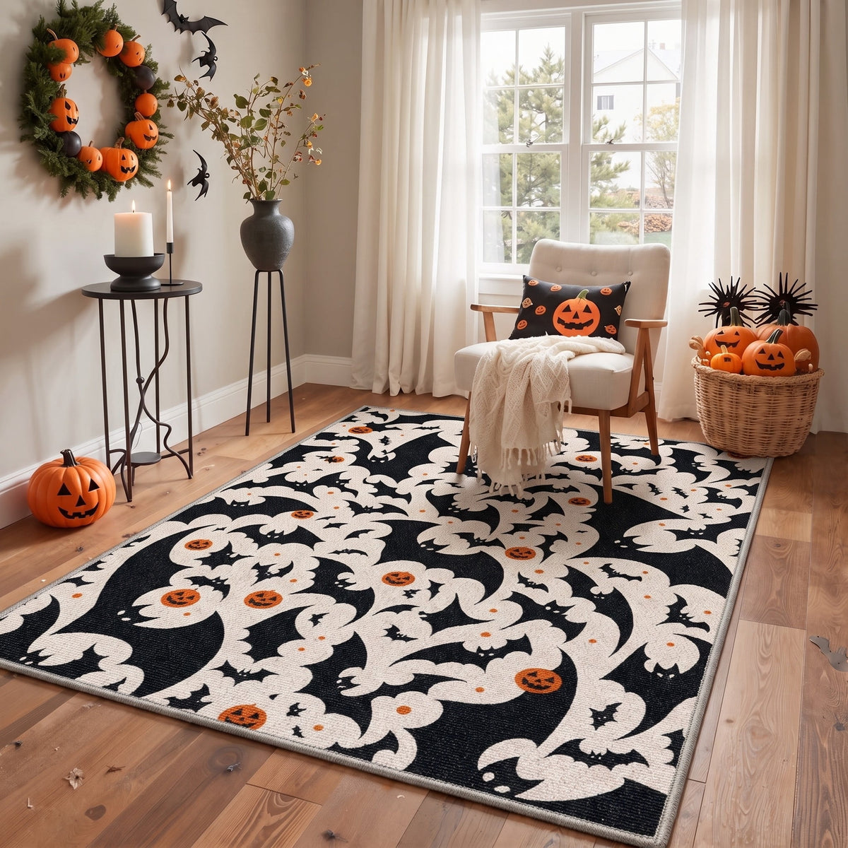 GENIMO 2'x7' Halloween Runner Rug, Washable Non Slip Soft Whimsical Skeleton Indoor Outdoor Hallway Runner for Porch Patio Kitchen Entryway, Charcoal Black