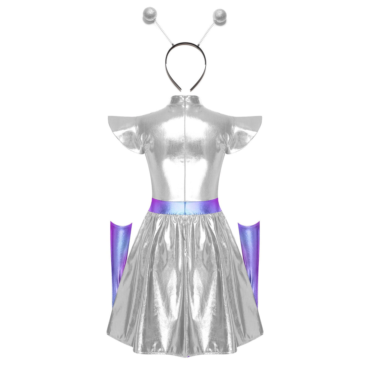 Aislor Womens Outer Space Alien Dress with Gloves Headband Halloween Space Cadet Rave Outfit Blue 3XL