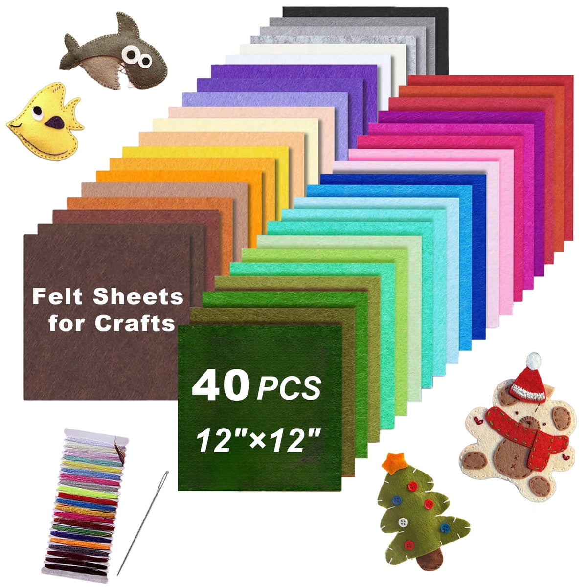 AGCAN 40PCS Felt Sheets for Crafts, 12"x 12" Assorted Color Stiff Felt Sheets, 1mm Thick Square Nonwoven Felt Fabric for Sewing, Patchwork, Embroidering, Crafts DIY
