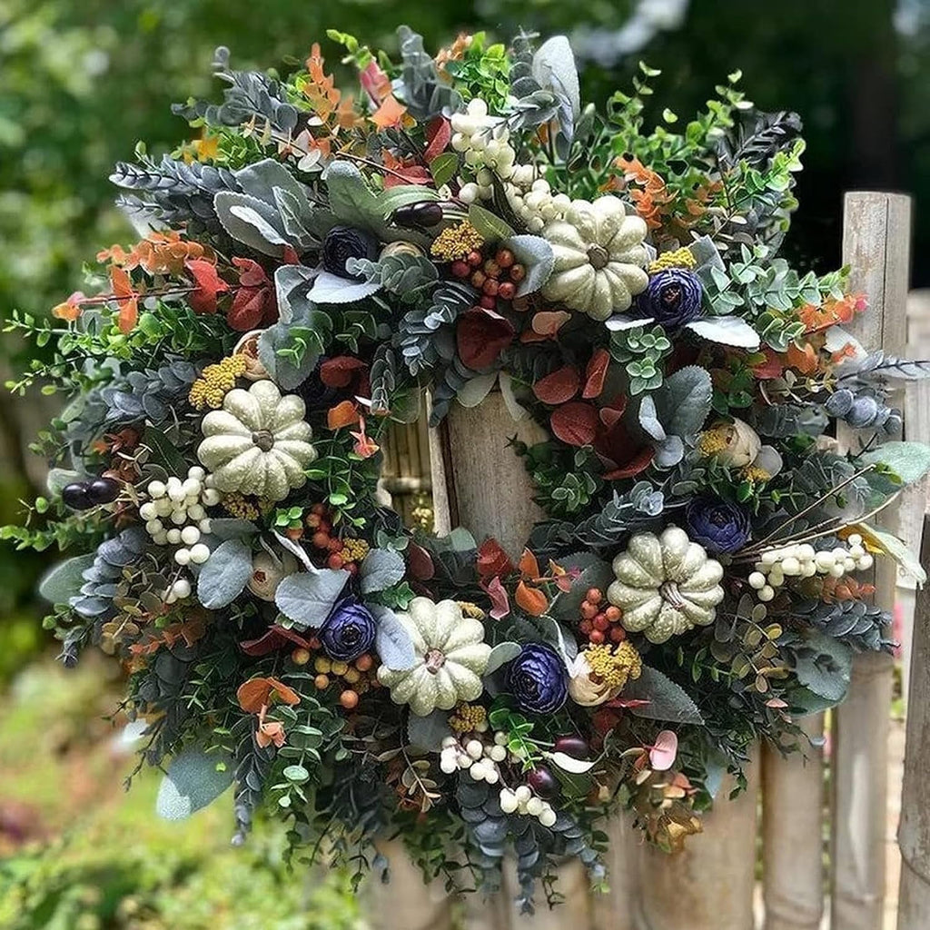 Artificial Fall Wreaths for Front Door Rustic Autumn Wreath with Pumpkin,Rose,Berry Branchesm,Mixed Leaves Thanksgiving Wreath Fall Door Wreath for Halloween Thanksgiving Indoor Outdoor Decor (B17.7)