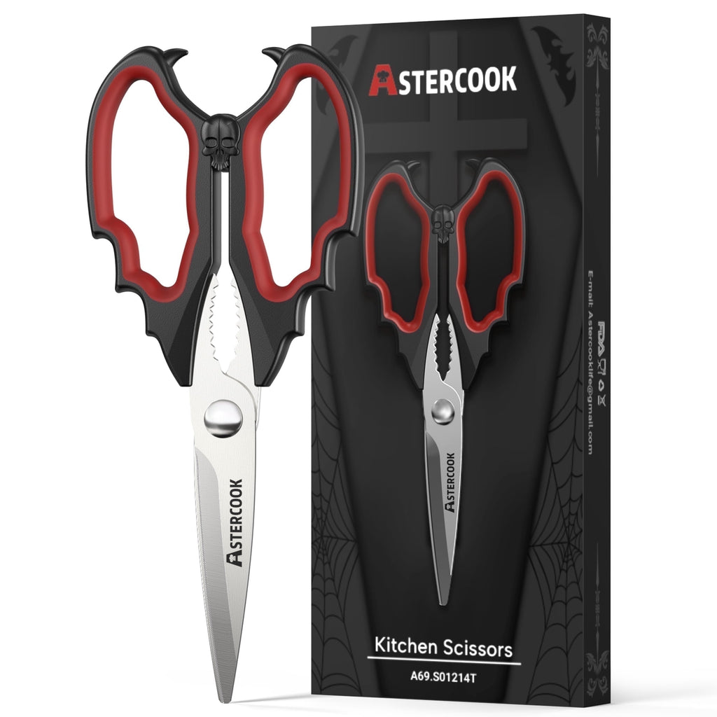 Astercook Halloween Kitchen Scissors, Gothic Skull Heavy Duty Shears for Cooking, Poultry, Herbs – Spooky Pumpkin Design, Dishwasher Safe, Perfect Gift for Halloween Party & Home Décor Red