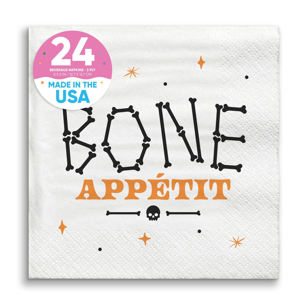 Big Dot of Happiness Bone Appetit Party Napkins, Skeleton Halloween Party Decor, White 3-Ply Paper Beverage Napkins - 24 Count