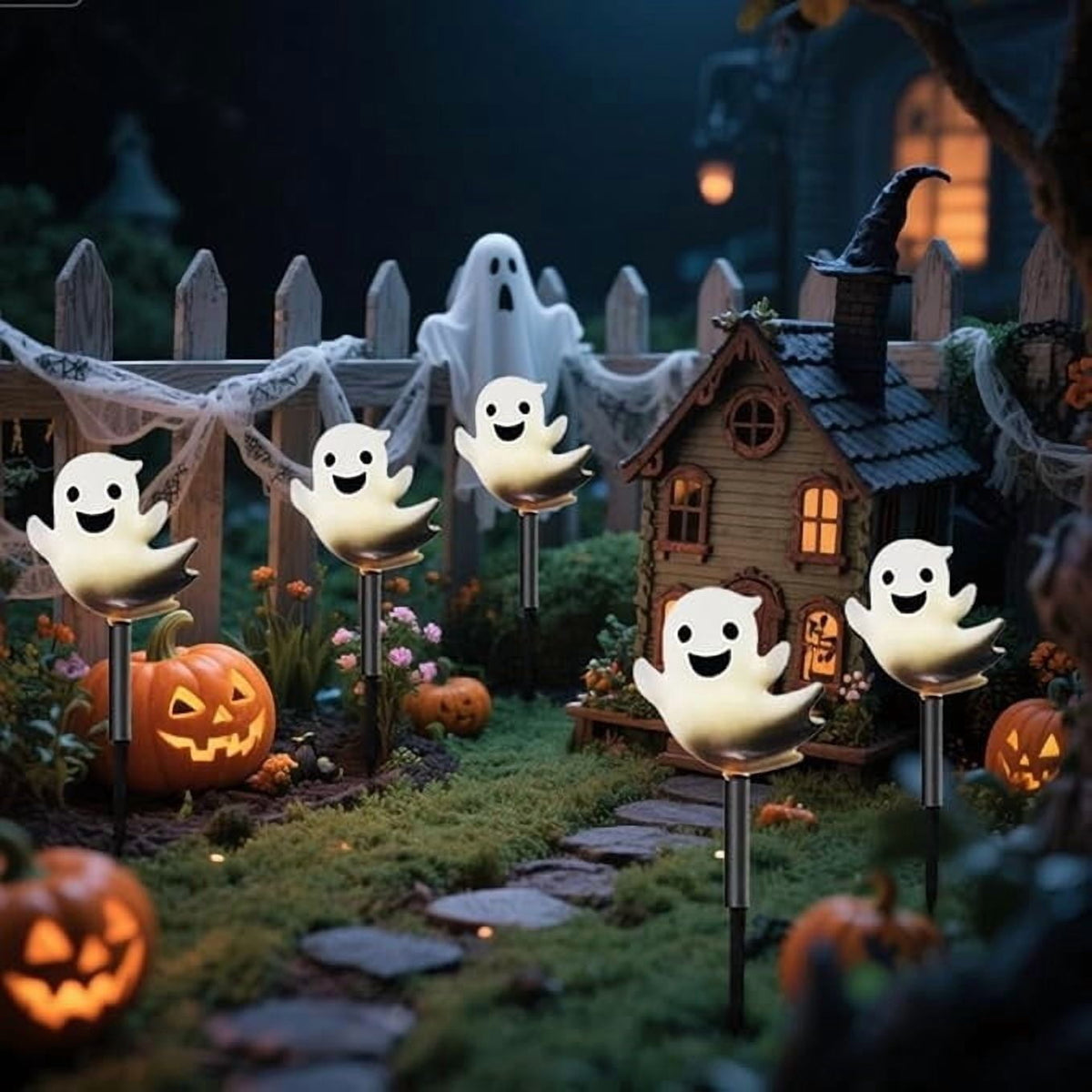 Btomtd 5pcs Solar Halloween Ground Lights Outdoor Insertion Lamp with Pumpkin Ghost and Skull Decor Solar Powered LED Light for Courtyard Pathway Lighting, White