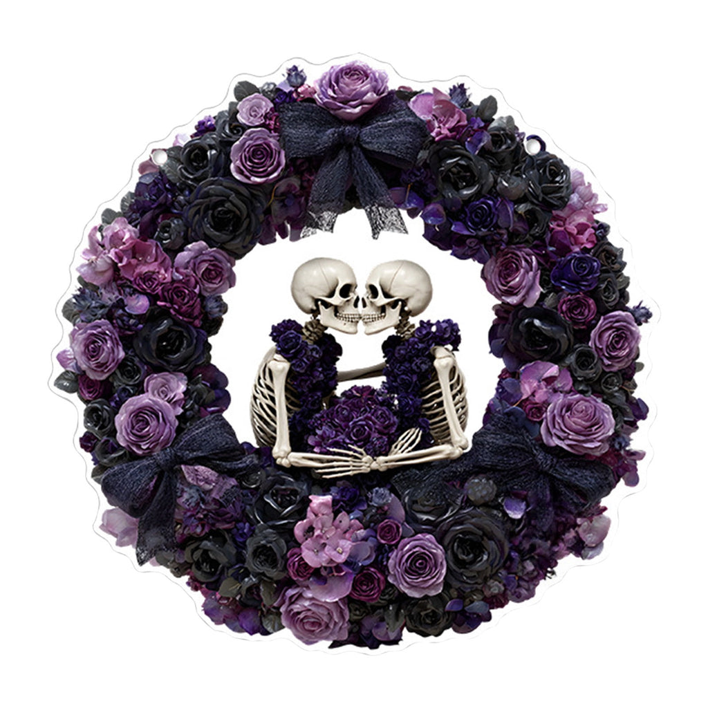 Btomtd Diameter 8" Pumpkin Skull Wreath Halloween Decor Acrylic Round Disk Hanging Ornament with Garland for Front Door Window, B
