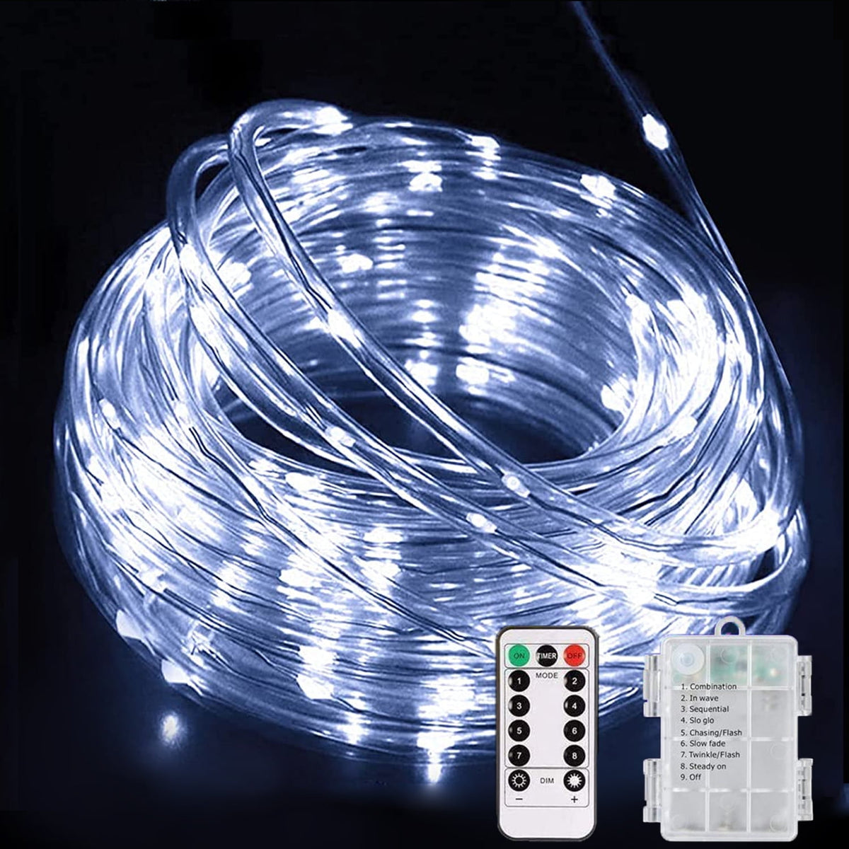 Christmas Tree Lights 23ft 50 LED Battery Operated Rope String Lights with 8 Modes Remote for Xmas Patio Home Garden Decorations, Blue