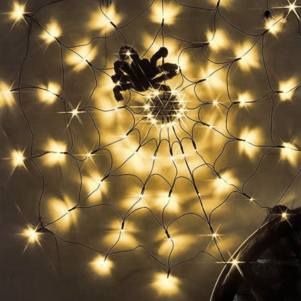 Clearance! Halloween Arachnid Web Lights 1M Diameter 60 LED with Black Spider, Water Proof Purple Net Lights, Remote Control, Halloween Decorations for House Garden