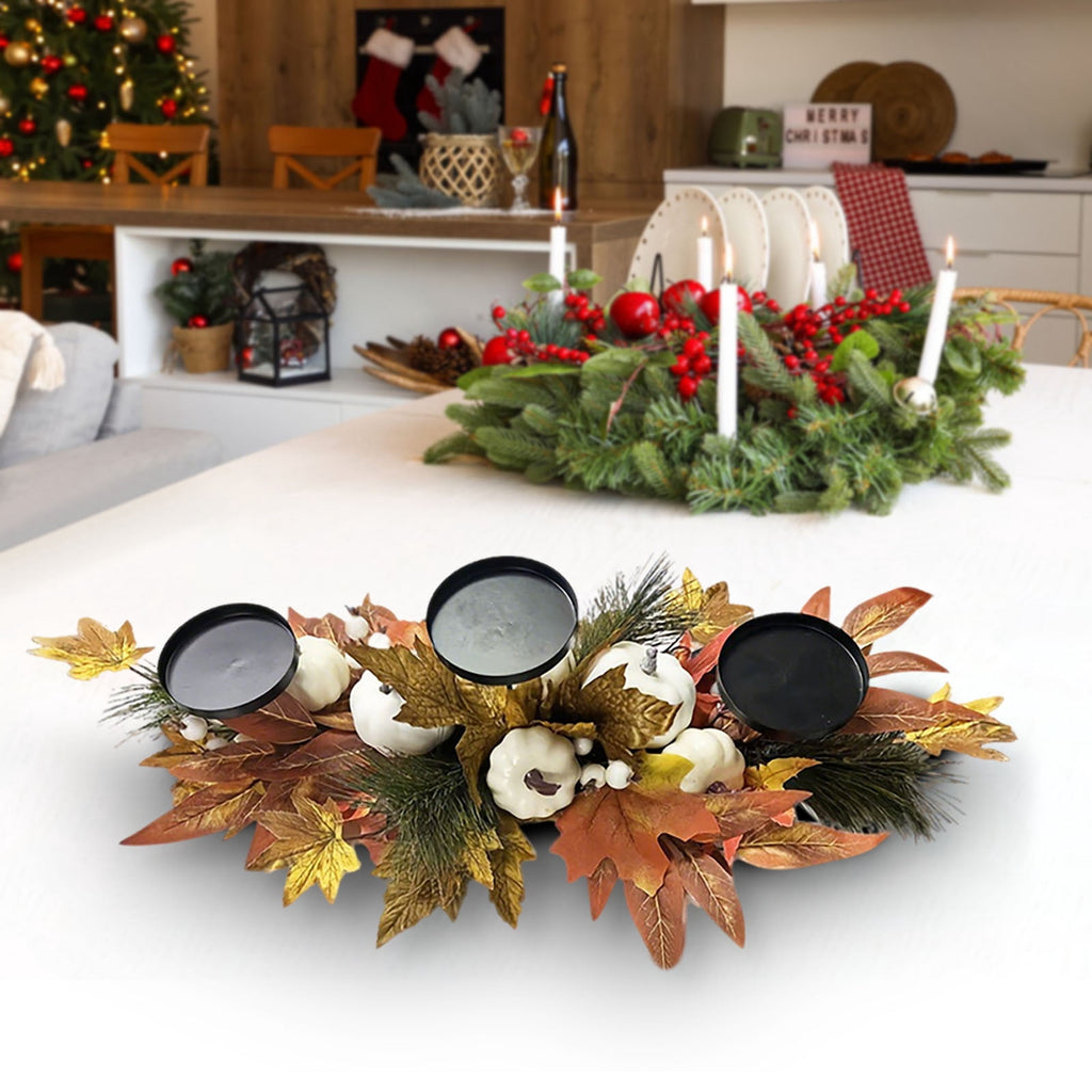 DAMAI Fall Centerpiece Table Decorations, 23.6'' L Assorted Artificial Pumpkins,Berries, Maple Leaves with 3 Candle Holders,Autumn Table Centerpiece for Harvest Party Thanksgiving Halloween