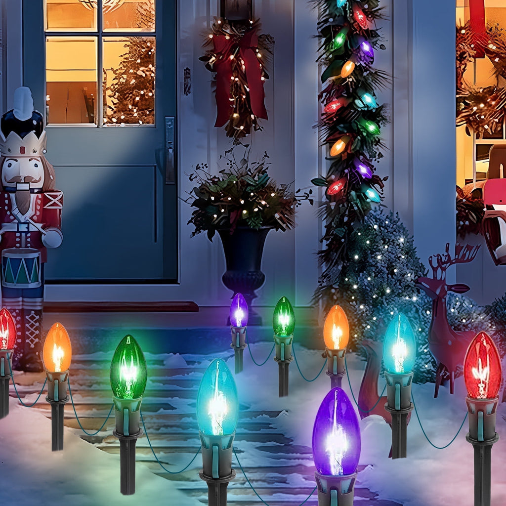 DAYBETTER 25.7ft Christmas Pathway Lights Outdoor, with 20pcs Multi-Color E17 C9 Bulbs, Hangable/Pluggable String Lights for Garden Decor