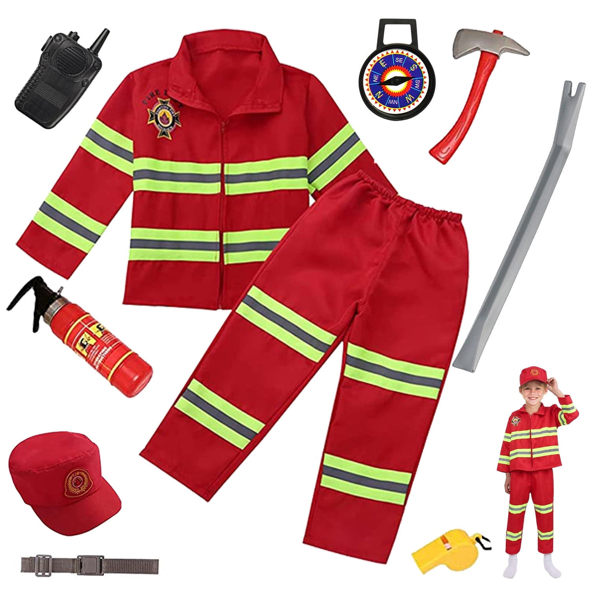Fire Chief Costume Firefighter Role Play Fireman Dress-up Set for Kids 3-6 Years Toddler Best Gift Birthday Christmas Present(10 pcs)