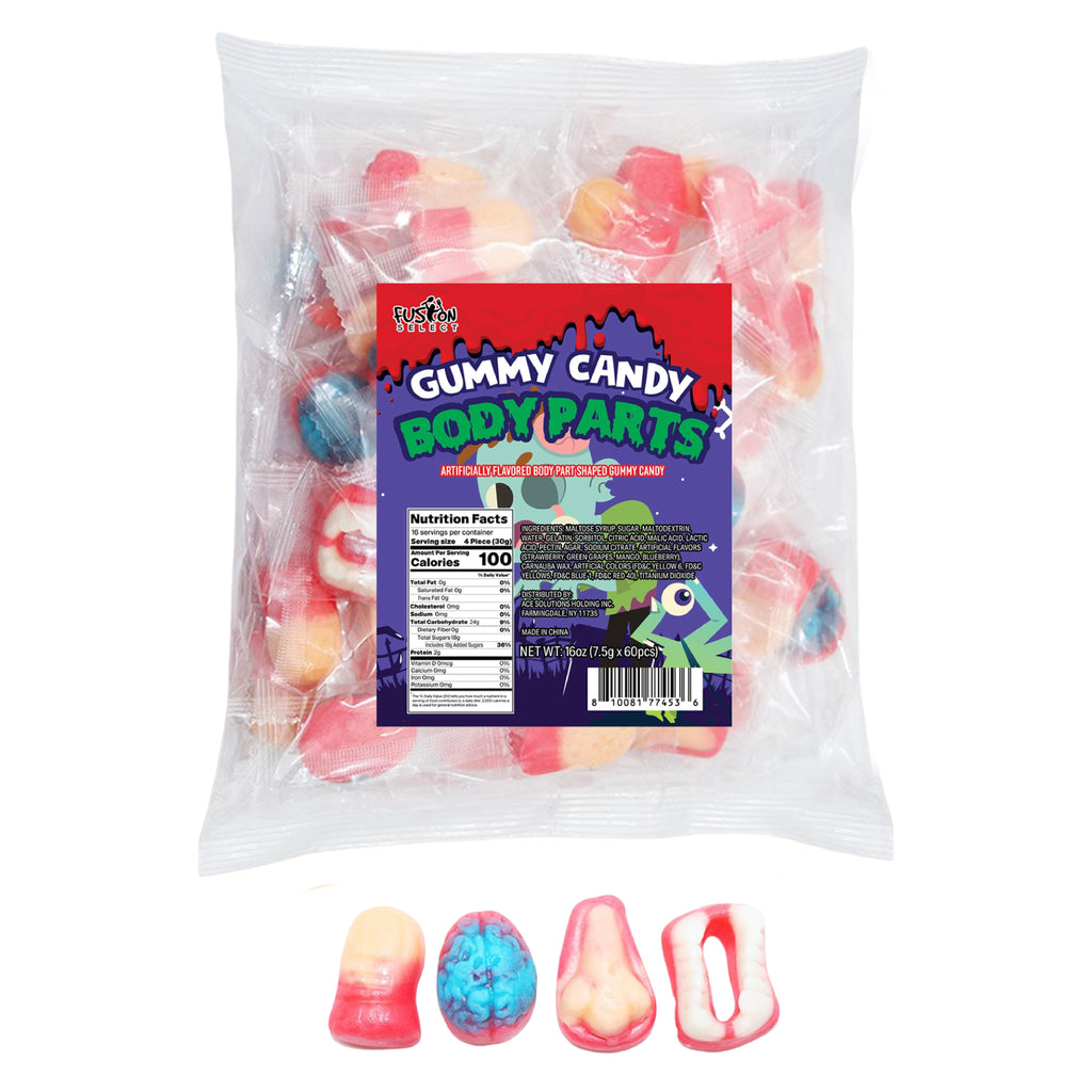 Fusion Select 8 Oz Individually Wrapped Gummy Body Parts Candy - Halloween Gummies & Trick or Treat Candy for Party & Goodie Bags - Spooky Assortment of Brain, Teeth, Fingers & Nose Candies